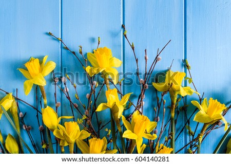 Spring easter background with daffodils on table