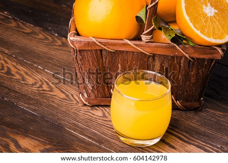 Fruit orange juice. Fresh citrus food and drink, beverage in glass. Healthy organic vitamin sweet, juicy refreshment. Liquid for health. Color background. Slice of diet summer breakfast.