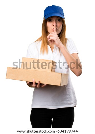 Delivery woman making silence gesture