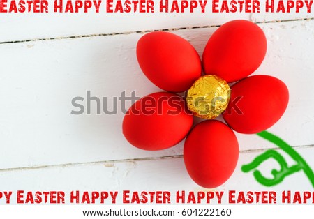 Red Easter eggs ( as flower) in colored buckets, selective focus image, Card Happy Easter