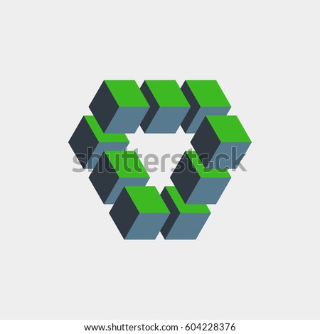 Impossible figure constructed of green blue cube blocks. Math object with mental trick. Isometric 3d design. Optical art, illusion of brain. Symbol with three-dimensional effect. Visual paradox maze.
