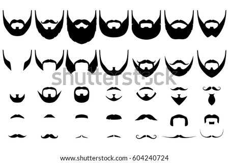 Set of isolated vector facial hair style. Beards and mustaches types. barber big collection. Silhouette vintage beard and mustache. Barber cartoon black beard label. Hipster style barber beard icon. Royalty-Free Stock Photo #604240724