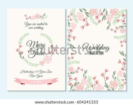 Pink and green pastel Wedding invitation, thank you card, save the date card with flowers, rose, leaf, branch on white background. Elegant hipster rustic wedding invitation. Boho style. Royalty-Free Stock Photo #604241333