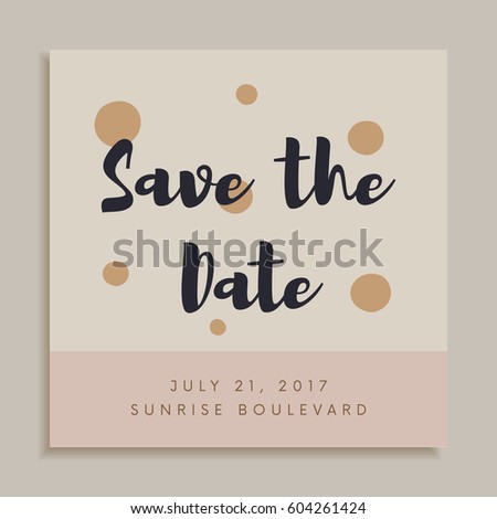 Retro style "Save The date" invitation card design template with scattered dots on cream background. Brush painted calligraphic letters. Customizable decorative postcard layout. Cute concept.