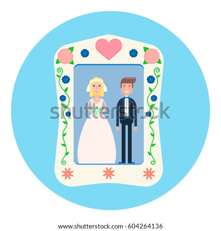 Vector illustration of a photo of a wedding couple in a frame.