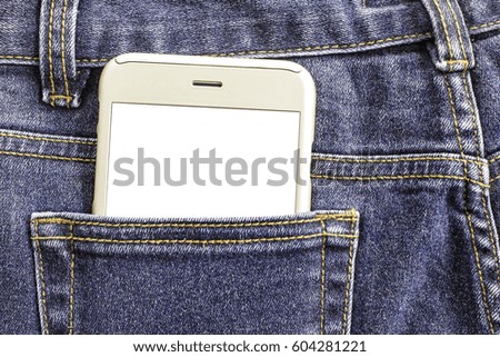 mobile phone in Jeans pocket with white screen.