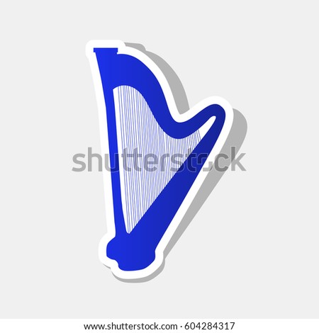 Musical instrument harp sign. Vector. New year bluish icon with outside stroke and gray shadow on light gray background.