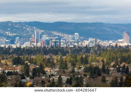 Portland Oregon Southeast neighborhhood with downtown city skyline view