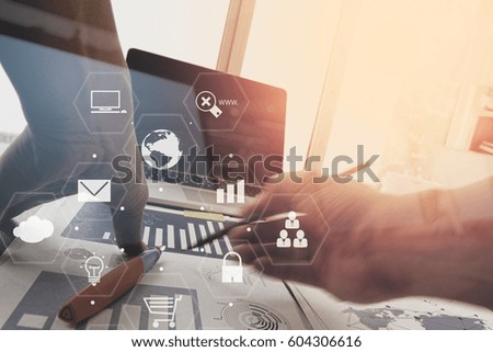 businessman working with smart phone and digital tablet and laptop computer in modern office with virtual interface graphic icons network diagram