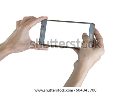 Taking photo with mobile smart phone isolated on white background with clipping path for the screen.