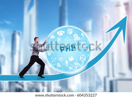 Technology, the Internet, business and network concept. A young businessman overcomes an obstacle to success: PHP
