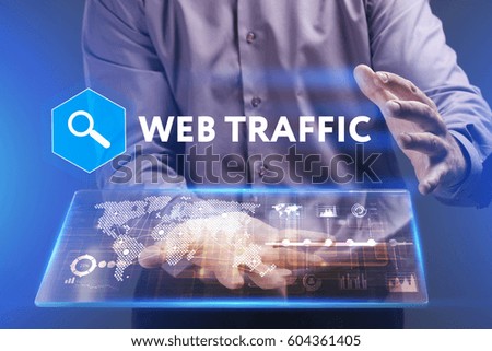 Business, Technology, Internet and network concept. Young businessman working on a virtual screen of the future and sees the inscription: Web traffic