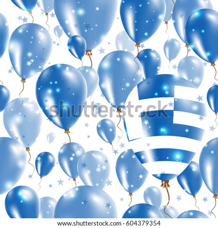 Greece Independence Day Seamless Pattern. Flying Rubber Balloons in Colors of the Greek Flag. Happy Greece Day Patriotic Card with Balloons, Stars and Sparkles.