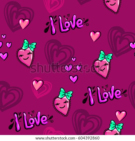 abstract seamless girlish pattern with hearts, bow,  text I love. cute repeated backdrop for girls, child clothes, fashion textile, wrapping paper