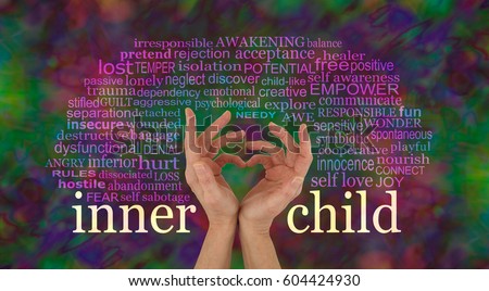 Discover and learn to love your Inner Child - female hands making a heart shape with the words INNER CHILD at wrist level and a relevant word cloud above on a rich multi-colored background Royalty-Free Stock Photo #604424930