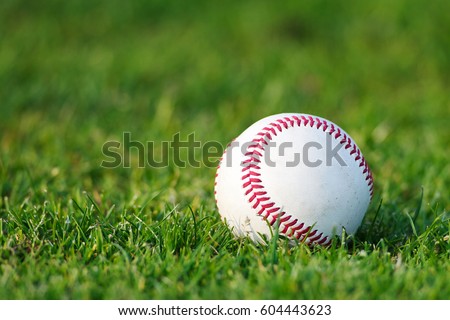 Baseball on the clear green grass turf close-up as macro shot with copy space on the left and top