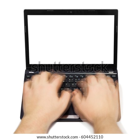 Notebook and motion blur hands isolated on white background