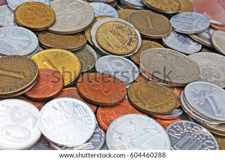 Old invalid coins from europe. History coins texture pattern Money coins background. Filler Schilling Groschen Pfennig Mark Forint