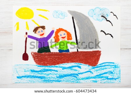 Colorful drawing: happy couple floating on a sailboat