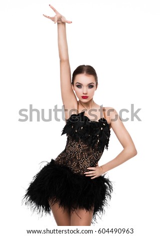 Beautiful ballroom dancer girl in elegant pose black dress on white background