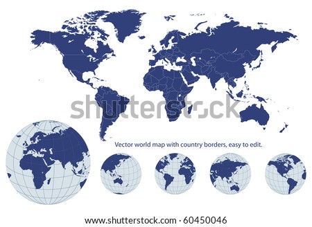 World map with earth globes, editable vector.