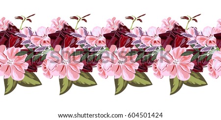 Seamless floral border with beautiful roses and pink geraniums. Hand-drawn pattern on white background. Design element for cards, invitations, wedding, congratulations. Panoramic format.