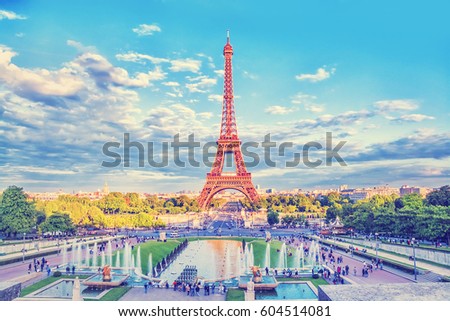 Eiffel Tower and fountain at Jardins du Trocadero, Paris, France. Travel background with retro vintage instagram filter