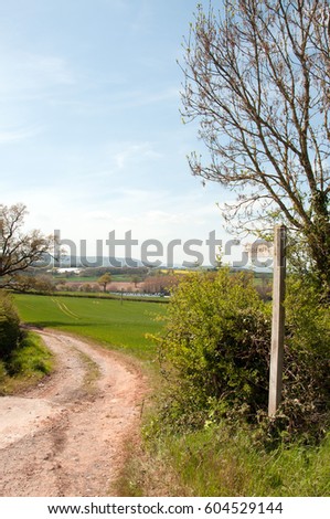 Farm tracks and a walking sign in the British countryside.