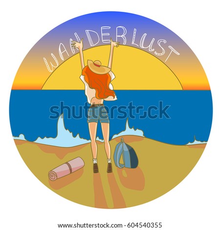 Vector illustration of girl wanderlust standing on a sunset beach. Circle design.