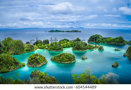 Pianemo Islands, Blue Lagoon with Green Rockes, Raja Ampat, West Papua. Indonesia Royalty-Free Stock Photo #604544489