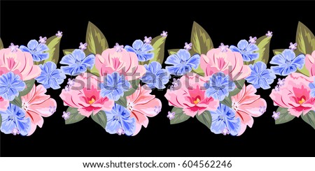 Seamless floral border with cute pink and blue flowers. Hand-drawn pattern on black background. Design element for cards, invitations, wedding, congratulations.