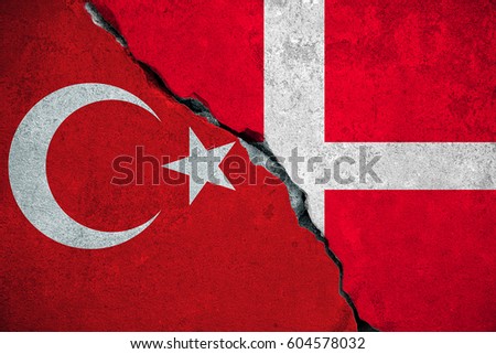 denmark vs turkey, red turkey flag on broken damage brick wall and half denmark flag background, relationship crisis politics war diplomacy, between danish and turkish concept