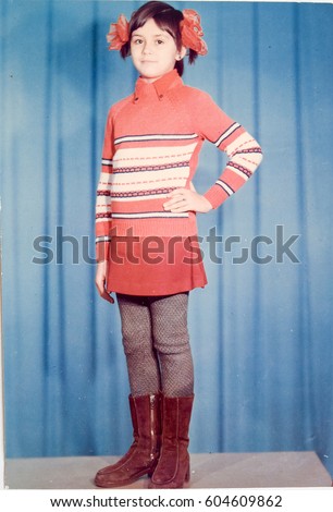USSR, LENINGRAD - CIRCA 1979: Vintage photo of posing girl in Leningrad, USSR