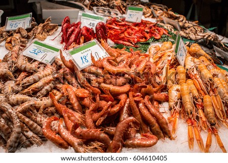 Fresh seafoods at the market in Barcelona. Spain