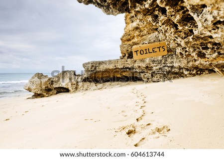 Sign toilets hanging banner on the rock with wild beach background.