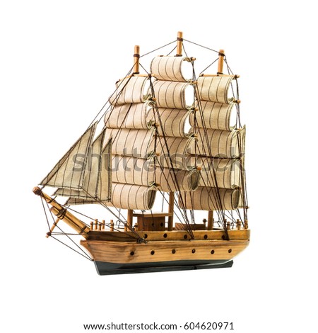 Model of the wooden antique schooner isolated on white background