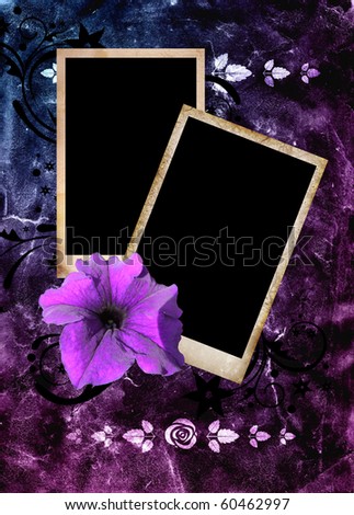 two empty vintage photo frames on floral background