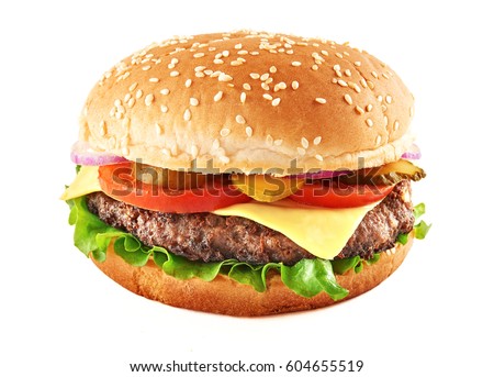 Classic cheeseburger isolated on white background Royalty-Free Stock Photo #604655519