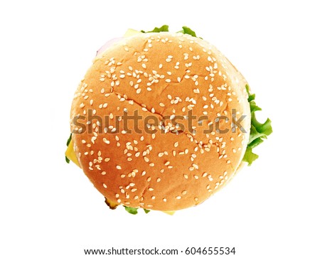 Classic cheeseburger isolated on white background. Top view.