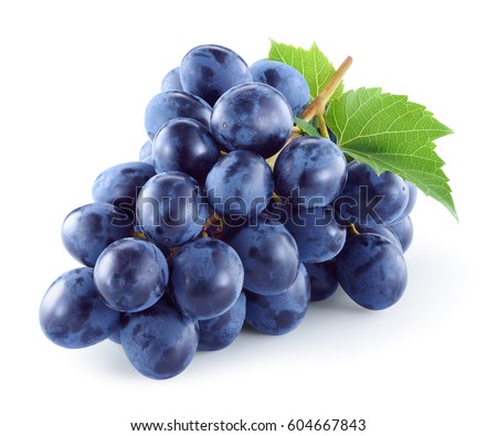 Dark blue grape with leaves isolated on white background. With clipping path. Full depth of field. Royalty-Free Stock Photo #604667843
