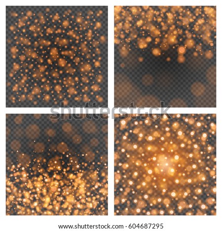 Bokeh light orange sparkles on transparency set backgrounds vector illustration. Glowing glittering particles element for special Effects. Abstract design.