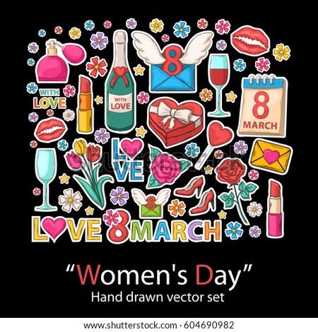 Women day set.Fashion patch badges collection.Vector March holiday hand draw set on a black background.Pins,stickers, patches in doddle style.Trend.Vector illustration isolated. Vector clip art.