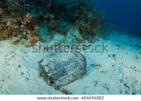 Underwater trash congests the reef. a plastic plant pot has been washed in to the ocean where it pollutes the natural environment. Trash like this is bad for the health of the planet