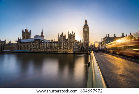 Big Ben and the houses of Parliament in London at dusk Royalty-Free Stock Photo #604697972