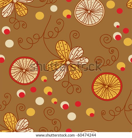 Retro pattern with flowers and lemon in brawn colors