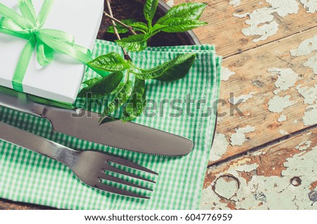 Festive Table Setting in Rustic Style. Concept Spring, Easter or Mother's Day. Holidays background. Selective Focus.