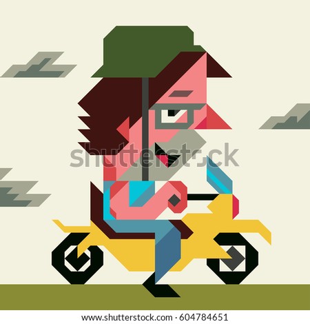 Vector cartoon illustration of angular shapes. An unshaven man in a German helmet and glasses is riding a sports motorcycle on the road.