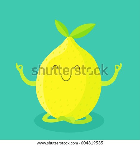 Funny illustration of a lemon meditating.Vector illustration in flat style. Comic characters. Use for card, poster, banner, web design.Yoga pose. Fruit yoga. Royalty-Free Stock Photo #604819535