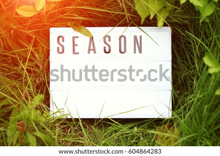 Illuminated board shown the letter season among the grass background.