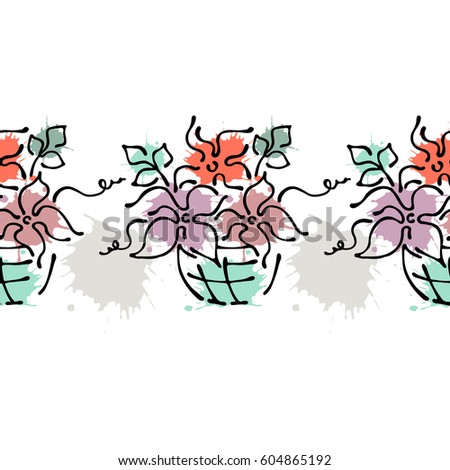 Seamless vector hand drawn floral pattern, endless border Colorful frame with flowers, leaves. Decorative cute graphic line drawing illustration. Print for wrapping, background, fabric, decor, textile